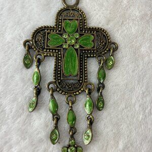 Beautiful Old World Boho Faux Greeb & Metal Heart Cross Art Deco Pendant